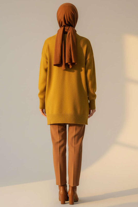 Yan Yırtmaçlı Yumoş Uzun Triko Tunik Yağ Yeşili