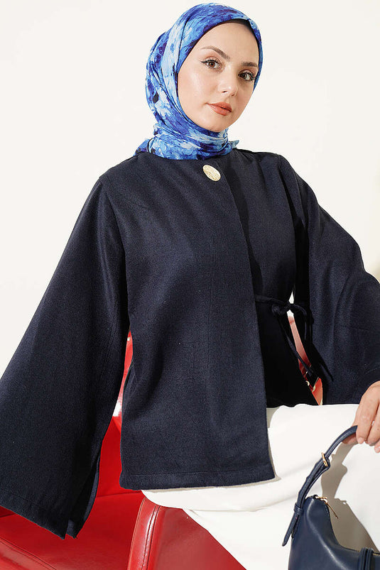 جاكيت أكمام إسبانية زرقاء داكنة مع رباط جانبي
