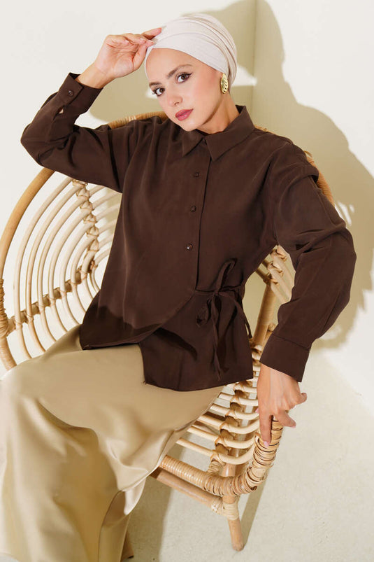 Side Tie Tencel Short Shirt Brown