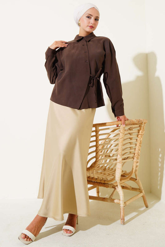 Side Tie Tencel Short Shirt Brown