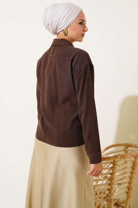 Side Tie Tencel Short Shirt Brown