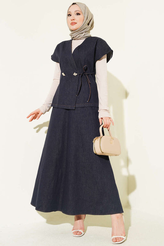 Ensemble en jean bleu marine avec jupe et gilet à lacets latéraux