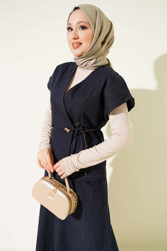 Ensemble en jean bleu marine avec jupe et gilet à lacets latéraux