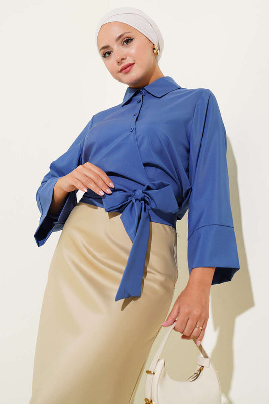 Side Tie Detail Short Shirt Indigo