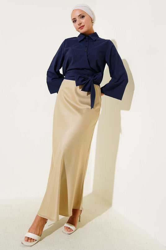 Side Tie Detail Short Shirt Navy Blue