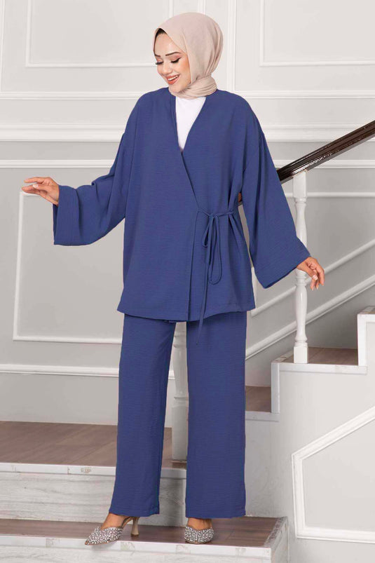 Side-Tied Aerobic Modest Two-Piece Set Indigo