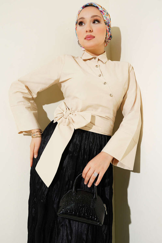 Side-Tie Cross-Button Short Shirt, Beige