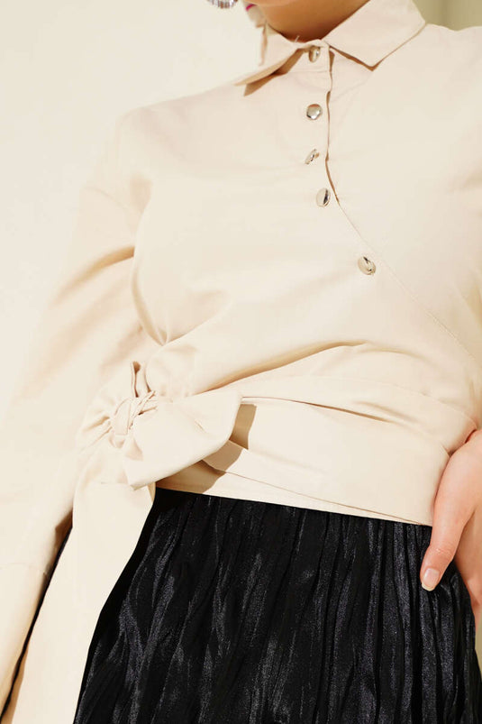 Side-Tie Cross-Button Short Shirt, Beige