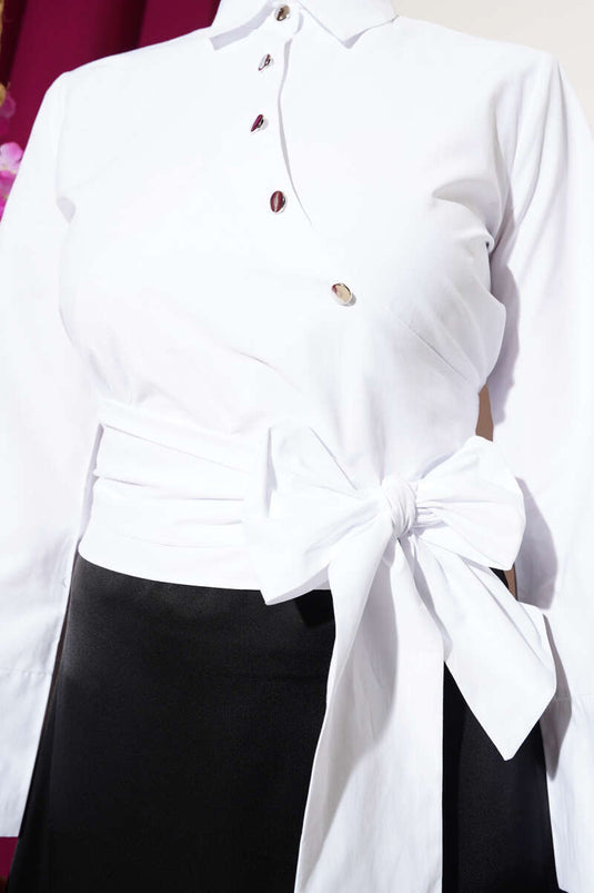 Side Tie Cross Button Short Shirt White