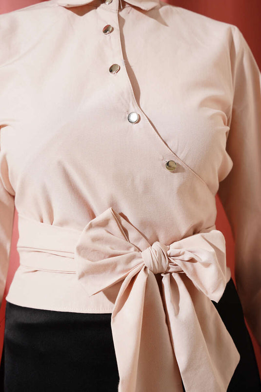 Side Tie Cross Button Short Shirt Powder