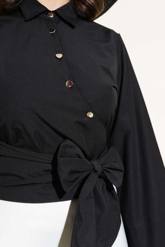 Side Tie Cross Button Short Shirt Black