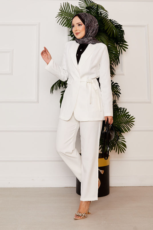 Side Tie Jacket Set White
