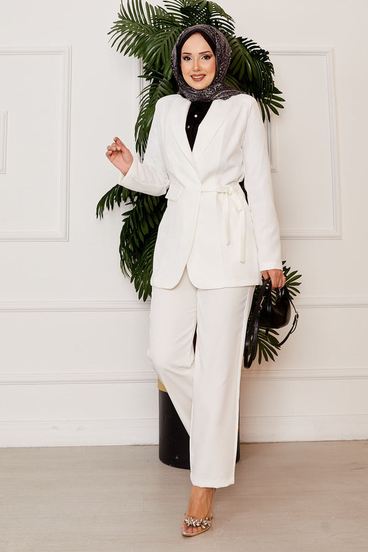Side Tie Jacket Set White