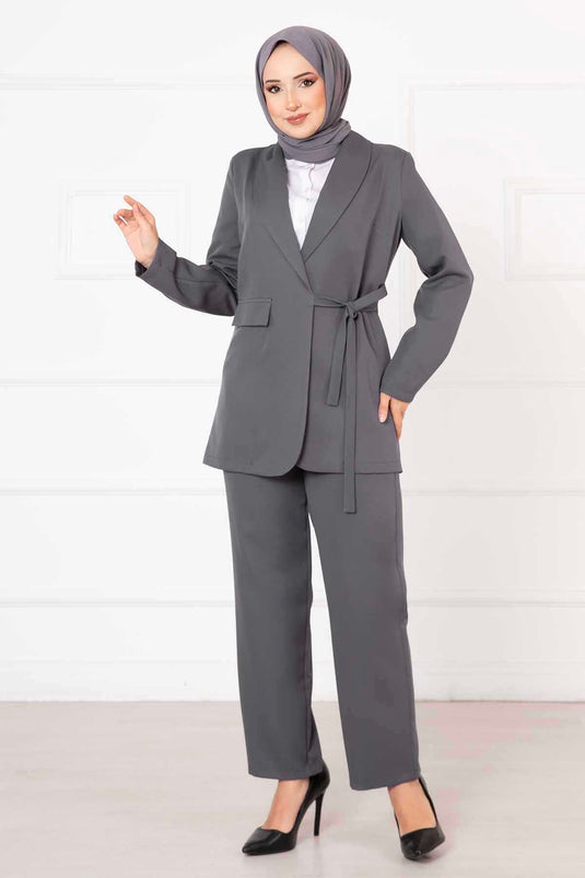 Side Tie Jacket Set Smoke