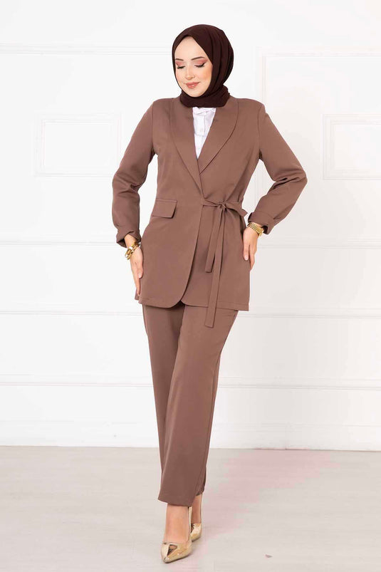 Side-Tied Jacket Set Brown