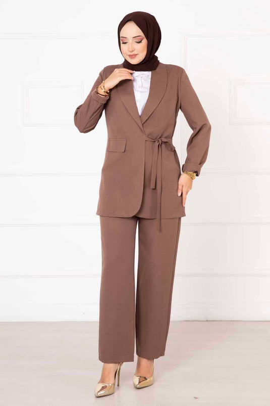 Side-Tied Jacket Set Brown