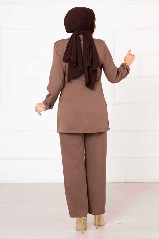 Side-Tied Jacket Set Brown