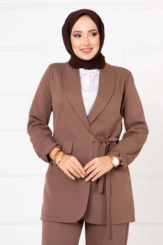 Side-Tied Jacket Set Brown