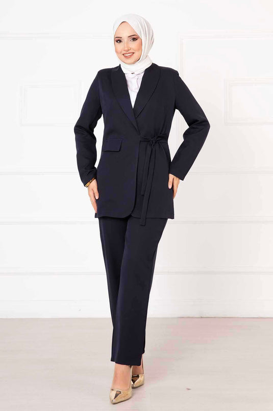 Side-Tied Jacket Set Navy Blue