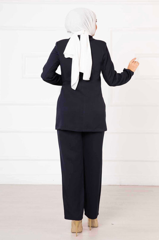 Side-Tied Jacket Set Navy Blue