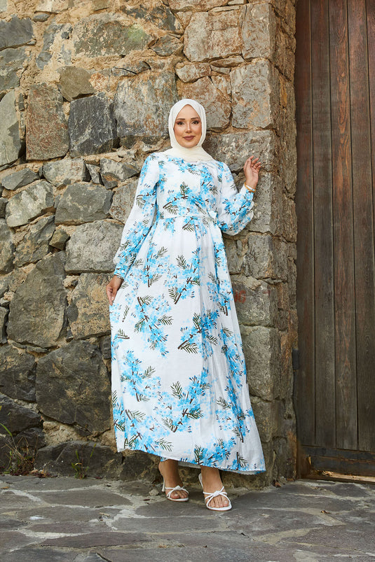 Robe en modal à motif floral et lien latéral bleu