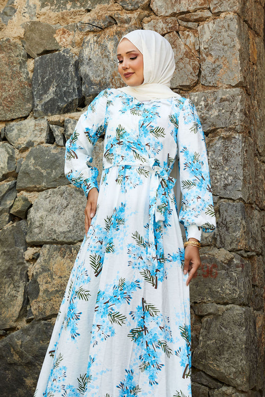 Side Tie Floral Pattern Modal Dress Blue