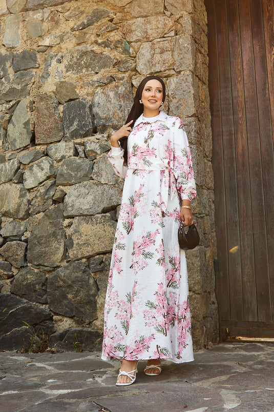 فستان مودال بنمط زهور ورباط جانبي وردي