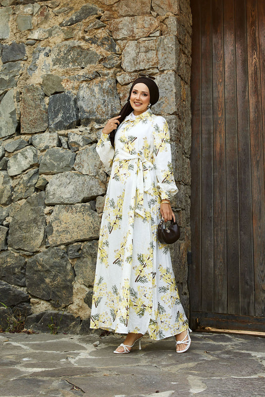 فستان مودال بنقشة زهور ورباط جانبي باللون الأصفر