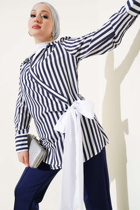 Side Tie Striped Kimono Navy Blue
