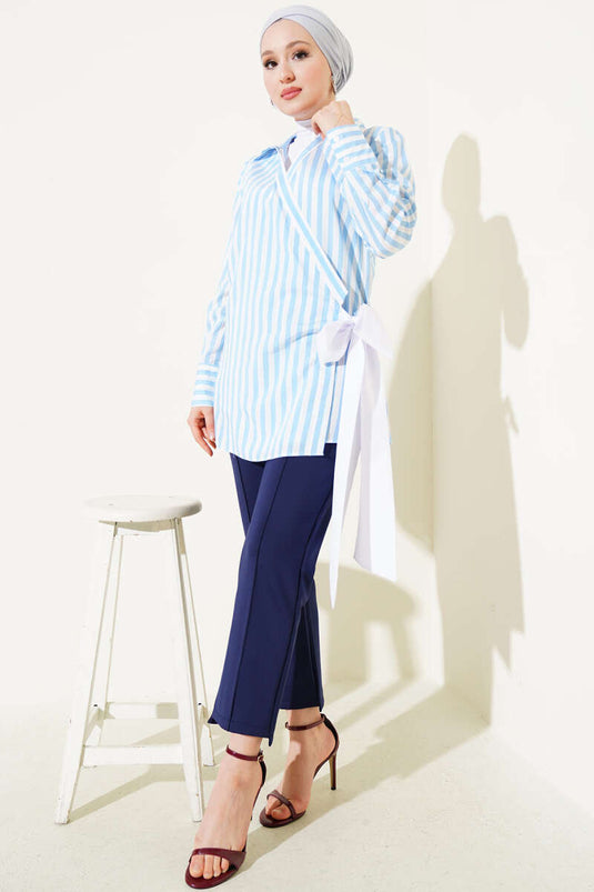 Yandan Bağlamalı Çizgili Kimono Mavi