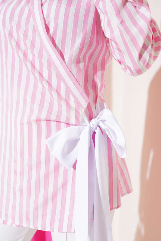 Side Tie Striped Kimono Pink