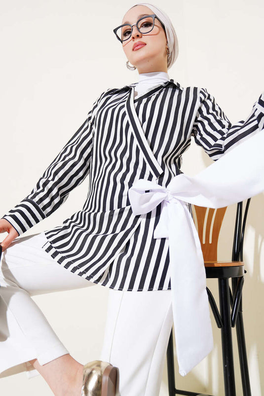 Side Tie Striped Kimono Black