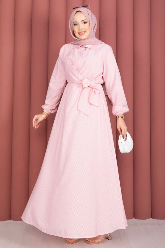 Robe Tesettür rayée à nouer sur le côté rose