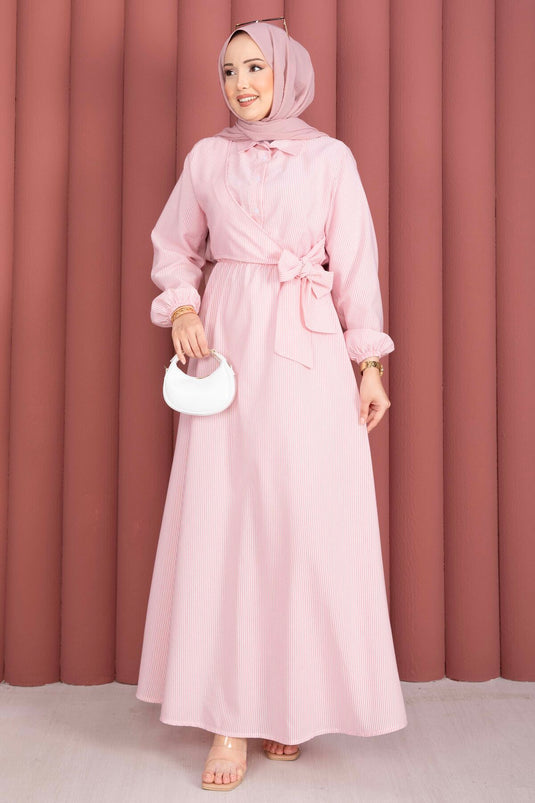 Robe Tesettür rayée à nouer sur le côté rose