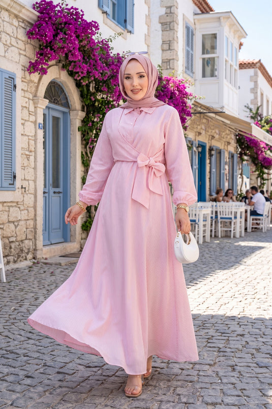 Robe Tesettür rayée à nouer sur le côté rose