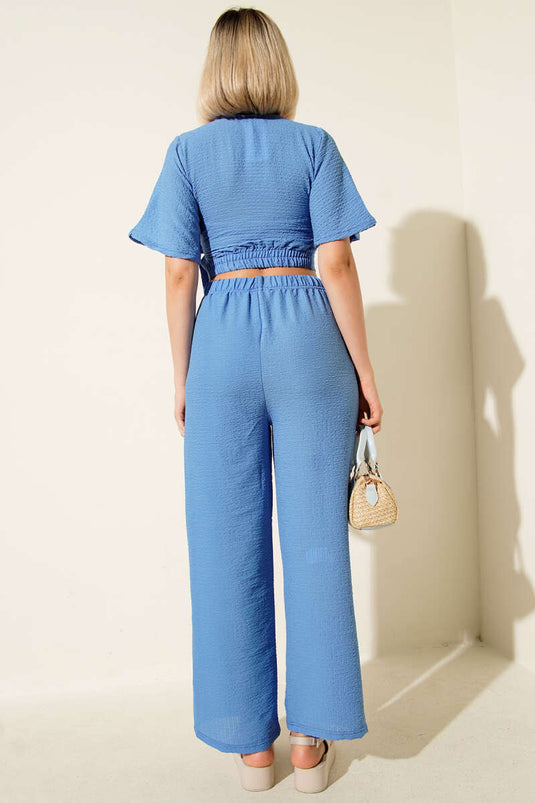 Side-Tie Crop Two-Piece Set, Blue