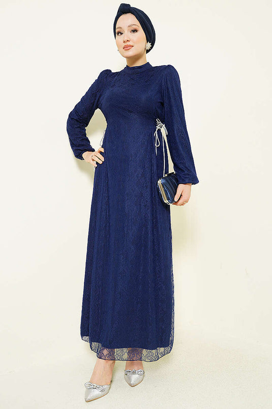 Robe de soirée en dentelle à nouer sur le côté, bleu marine