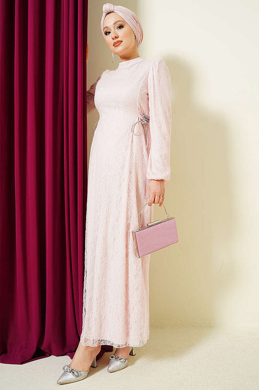 Robe de soirée en dentelle à nouer sur le côté, couleur poudre