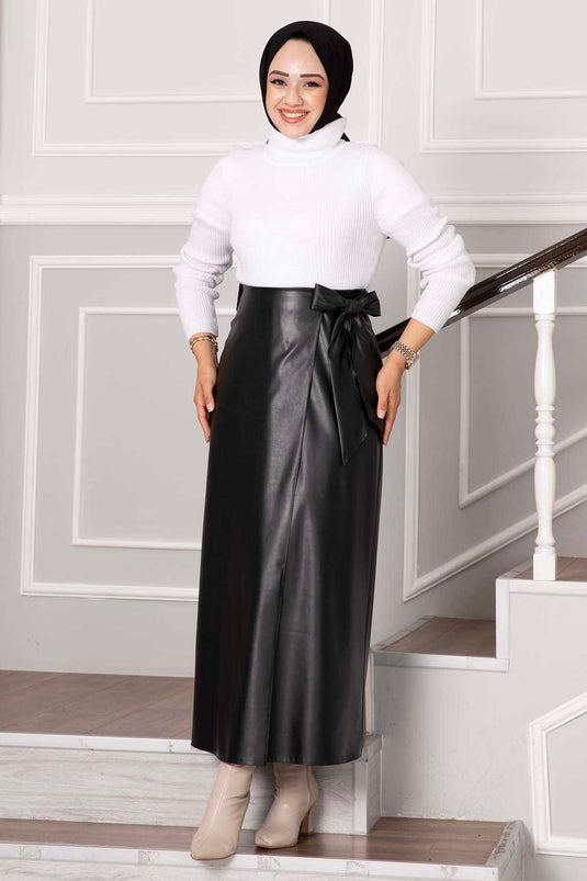 Side Tie Leather Skirt Black