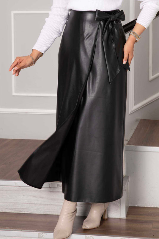 Side Tie Leather Skirt Black