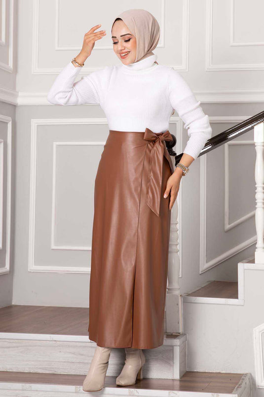 Side Tie Leather Skirt Tan