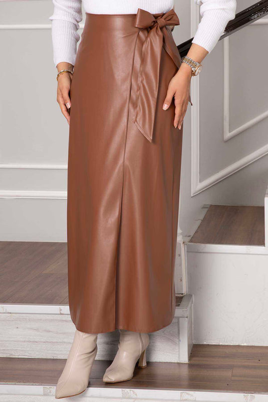 Side Tie Leather Skirt Tan