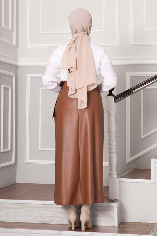 Side Tie Leather Skirt Tan