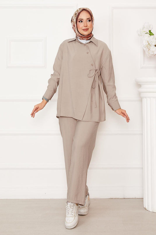 Side Tie Button Detailed Hijab Suit Beige