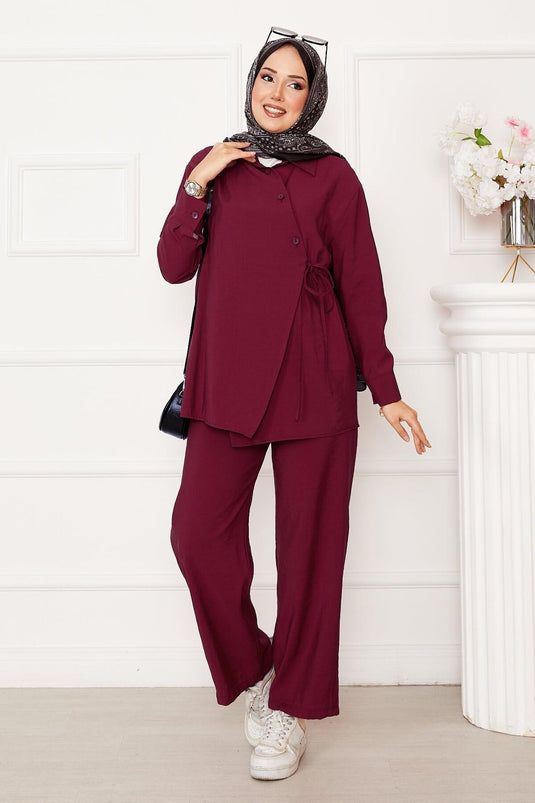 Ensemble hijab à boutons et liens latéraux, rouge bordeaux