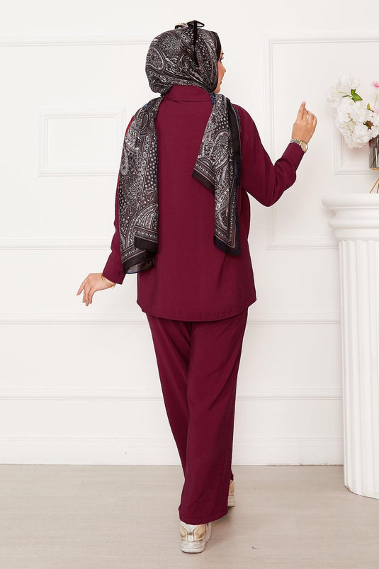 Ensemble hijab à boutons et liens latéraux, rouge bordeaux