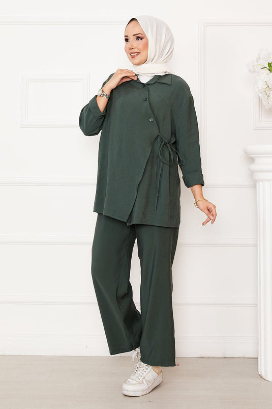Side Tie Button Detailed Hijab Suit Cagla Green