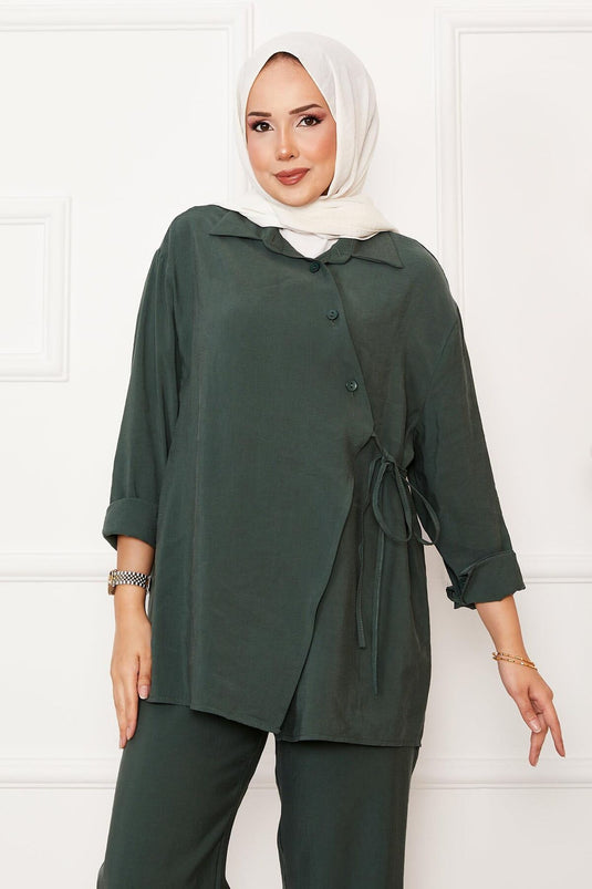 Side Tie Button Detailed Hijab Suit Cagla Green