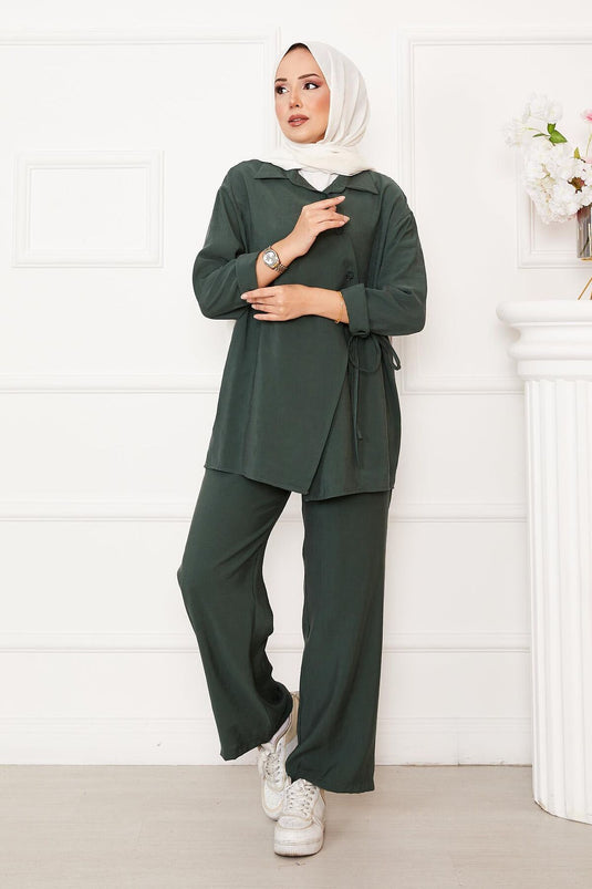 Side Tie Button Detailed Hijab Suit Cagla Green