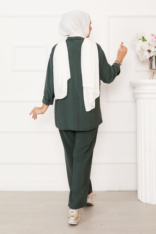 Side Tie Button Detailed Hijab Suit Cagla Green